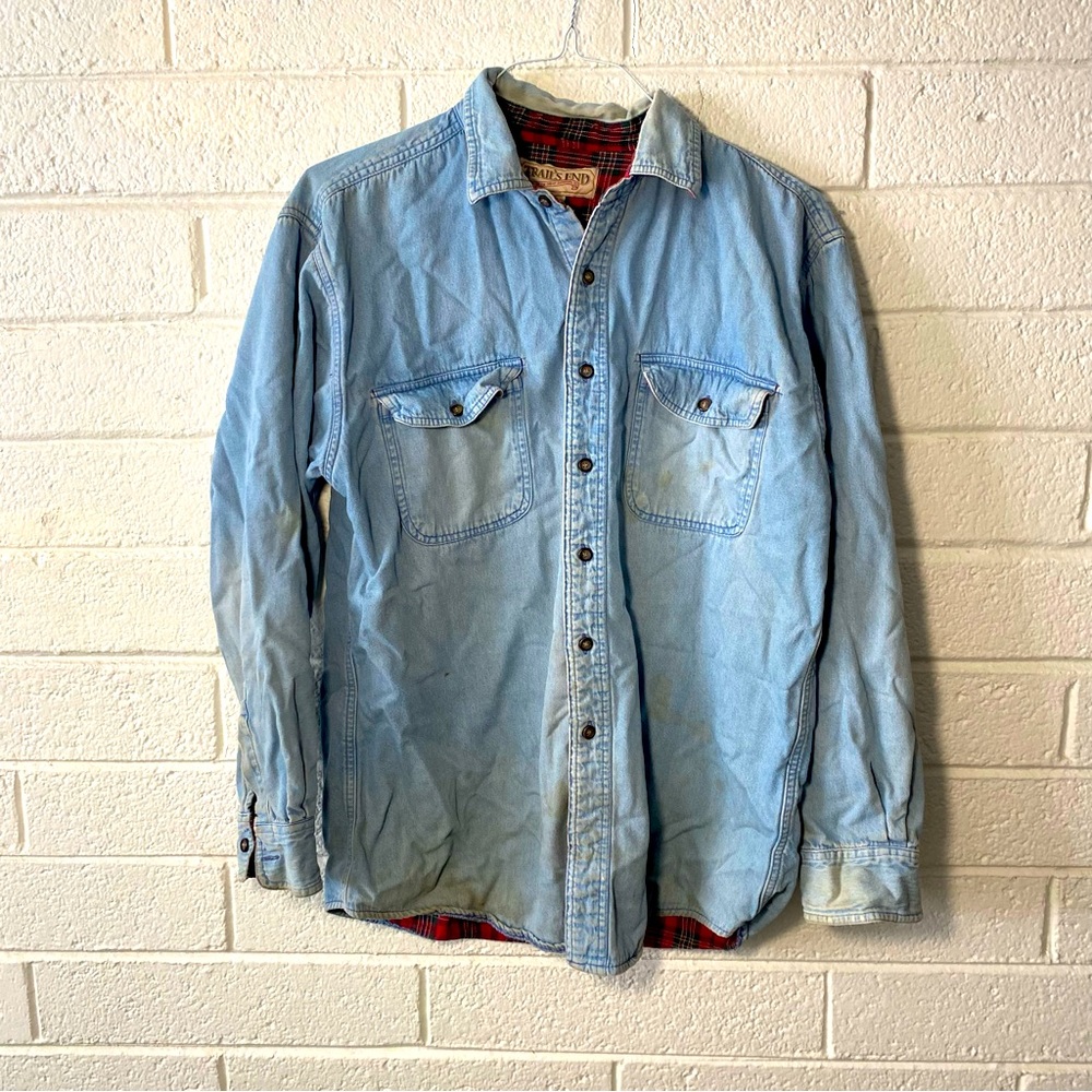 Vintage Flannel Lined Denim Button Up Jean Shirt Shacket Trails End Distressed L
